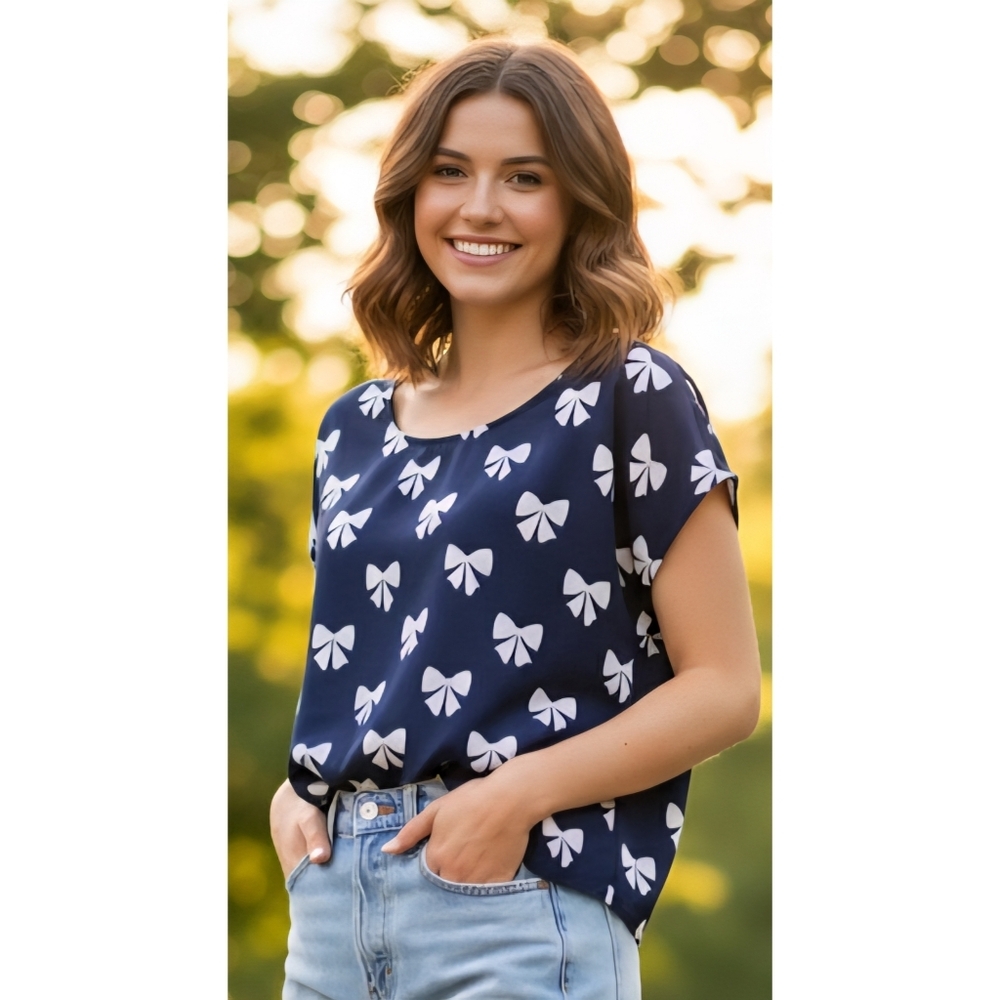 Divided by HM Navy Blue White Bows Top